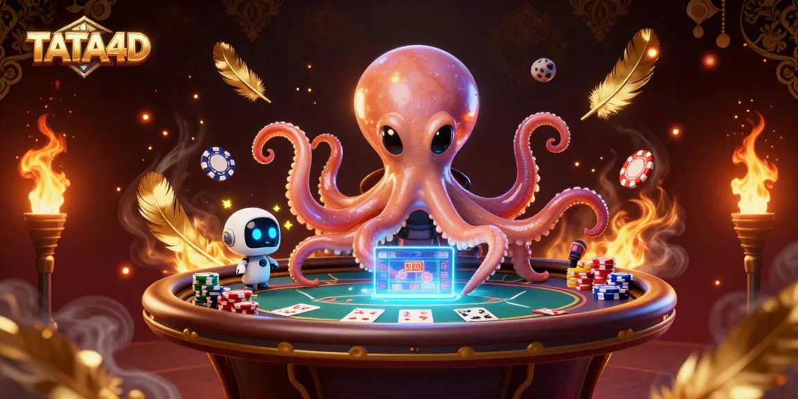 TATA4D alien octopus playing poker at a holographic table in a vibrant casino scene