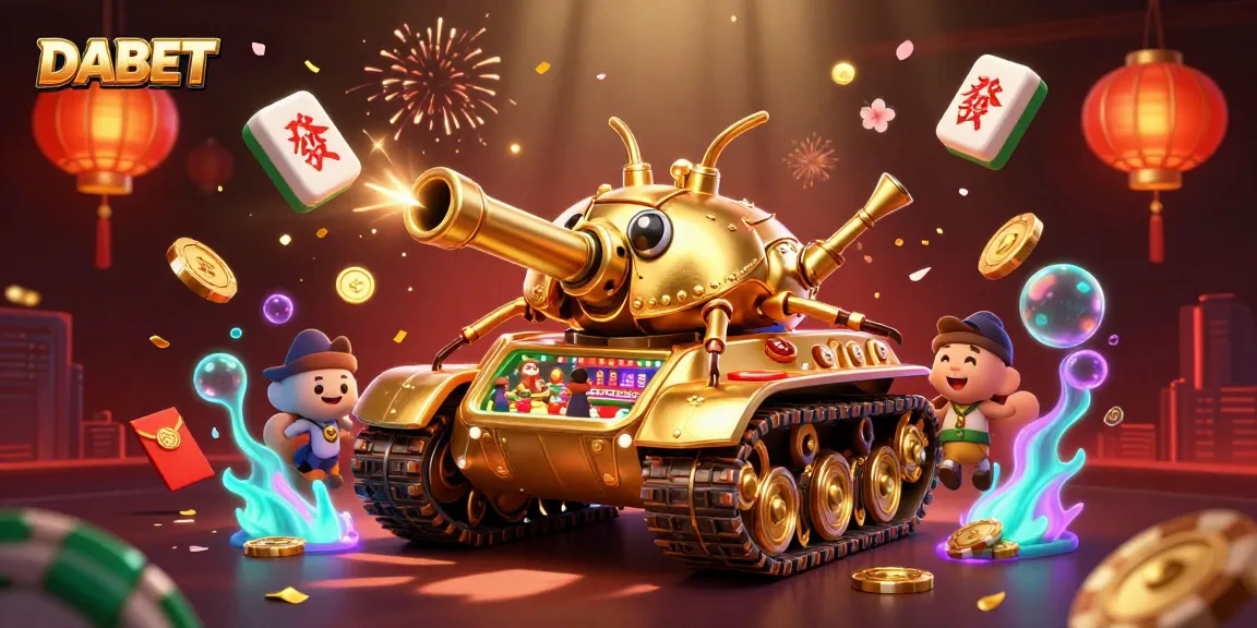 DABET offers an exciting casino experience inside a golden beetle tank featuring confetti-shooting turrets.