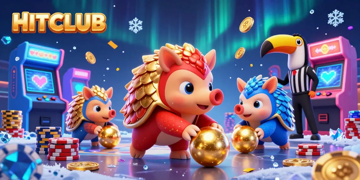 Engage in thrilling gameplay at HITCLUB, where rival pangolins clash among golden chips and vibrant game elements.