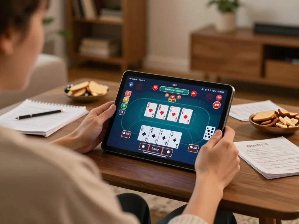 Engaged in ku win online poker strategy, a player reviews notes while gaming at home
