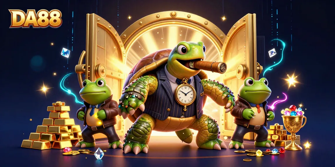 Engage in thrilling action with DA88, featuring a mobster turtle and bullfrog enforcers at a dynamic casino scene.