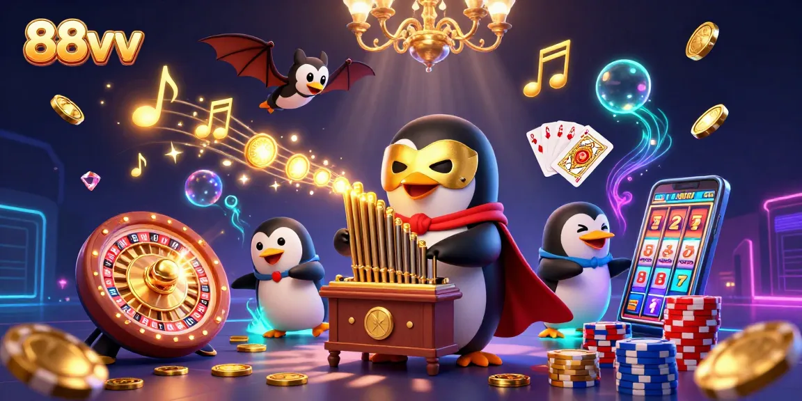 Experience 88vv as the penguin plays an organ generating coins amidst a dazzling casino scene.