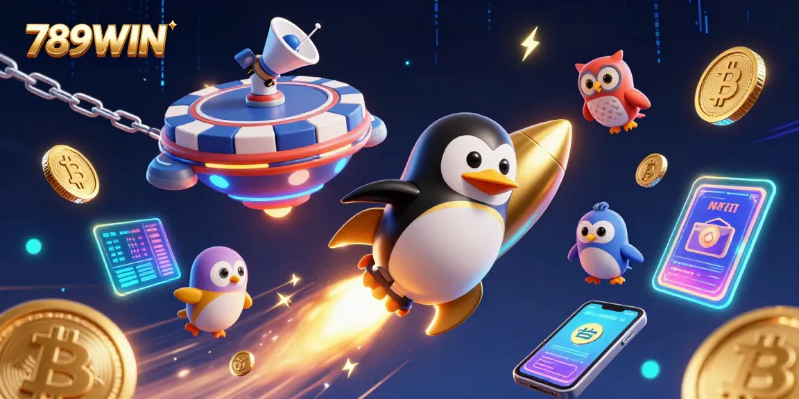 Join the excitement at 789WIN with golden penguins and vibrant casino elements in a cosmic scene!