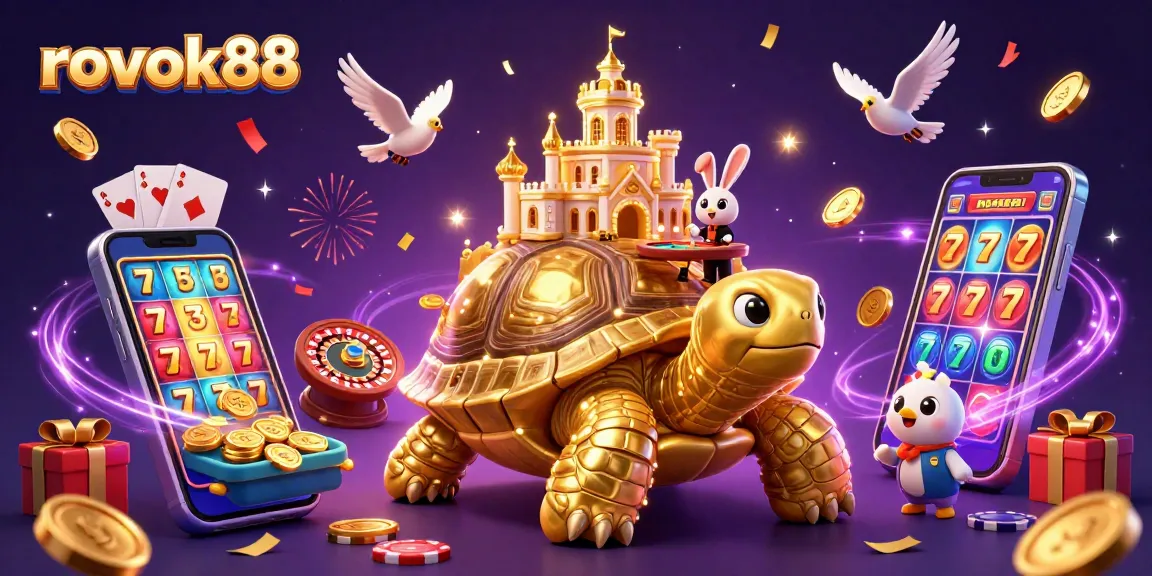 Experience the excitement of rokok88 with a vibrant casino scene featuring a golden tortoise and a rabbit dealer.