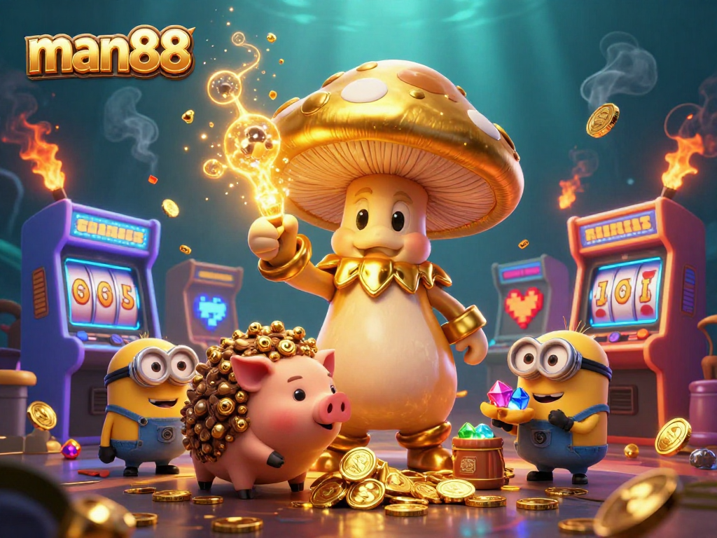 Experience exciting gaming at man88 with golden wizard and treasure-hunting pig in a vibrant casino scene.