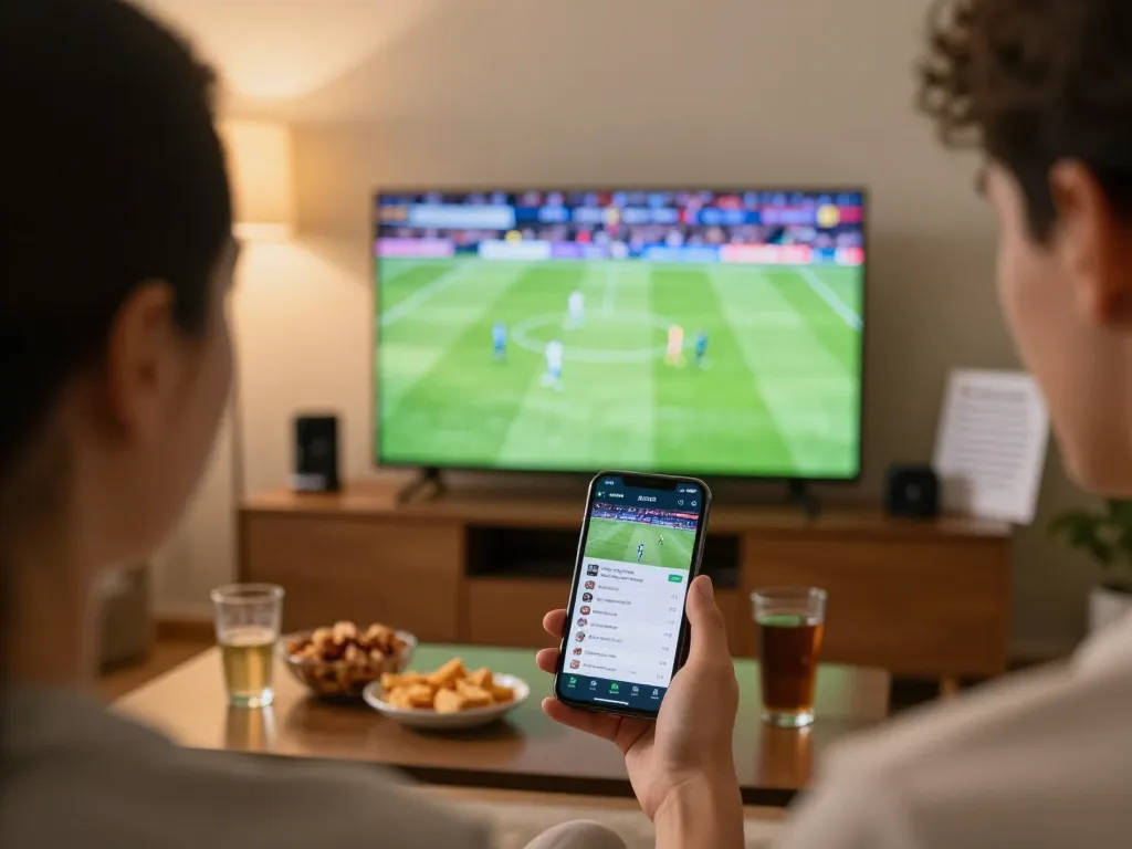 Intensely placing bets on smartphone while watching live soccer, showcasing tin soi kèo strategies.