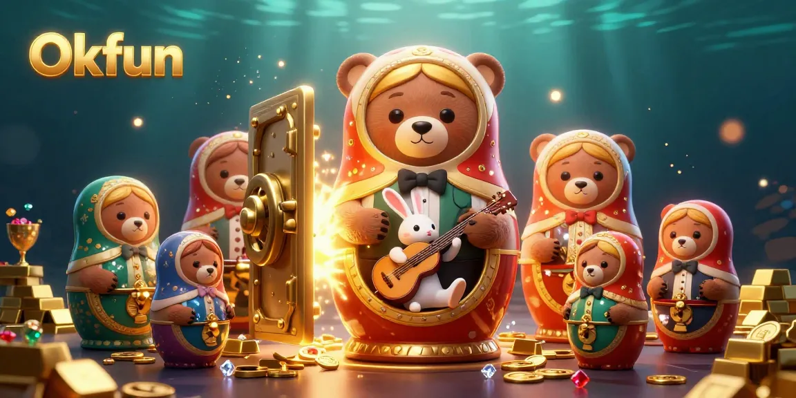 Experience the joy of gambling with Okfun, featuring a whimsical 3D scene filled with casino-themed characters and treasure.
