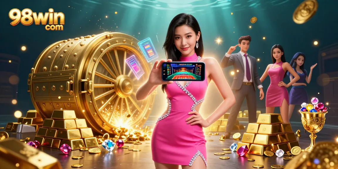 Engage with 98win com featuring a confident Asian woman in a vibrant casino setting enjoying a live dealer game.