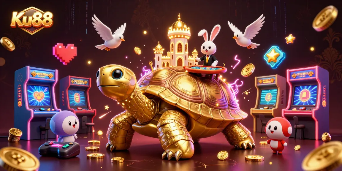 Experience thrilling gameplay with Ku88's vibrant casino scene featuring a golden tortoise and playful dealer.