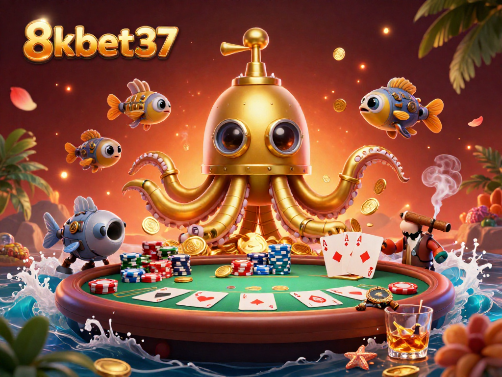 Experience the thrilling ocean adventure of 8kbet37 with a 3D golden kraken casino scene.