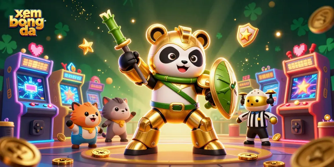 Engage in exciting xem bóng đá with a golden panda mech suit piloting a bamboo robot in a vibrant arena.