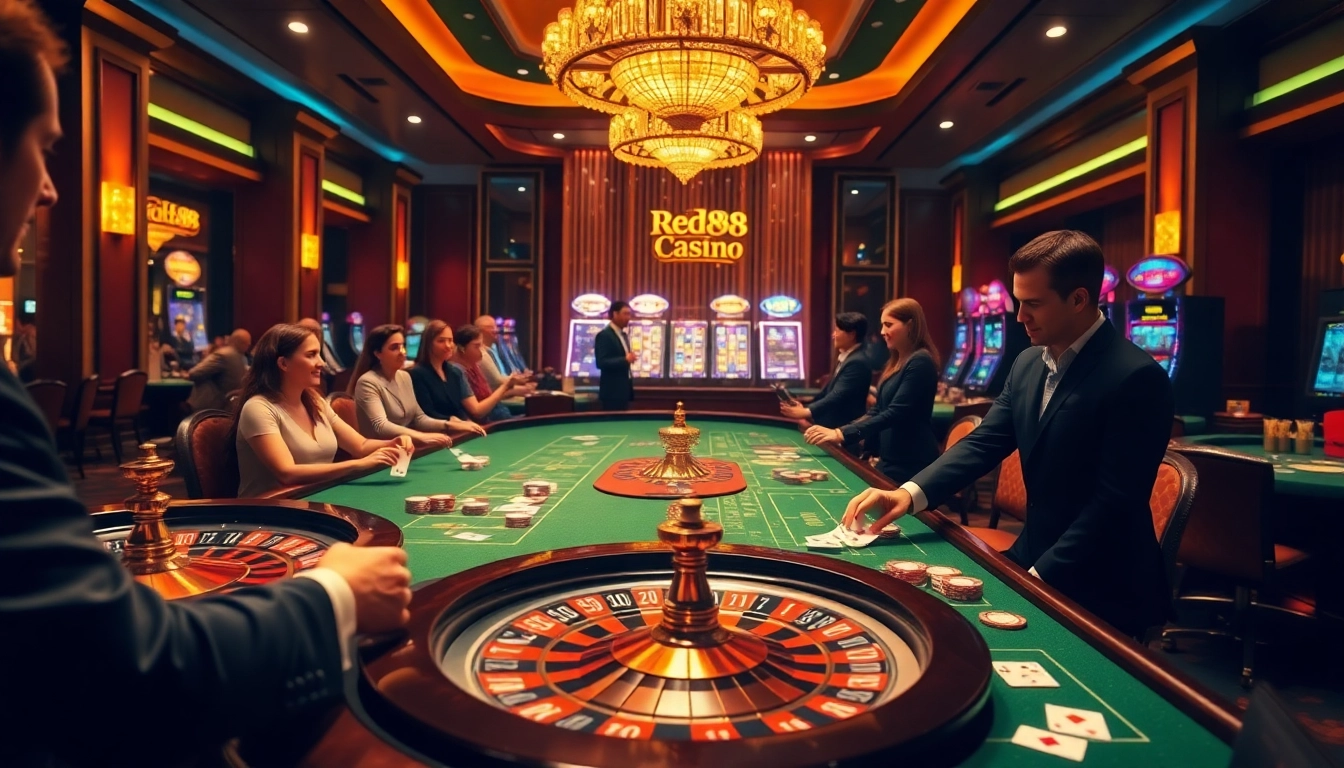 Players enjoying a thrilling game at red88 casino, highlighting excitement and professional atmosphere.