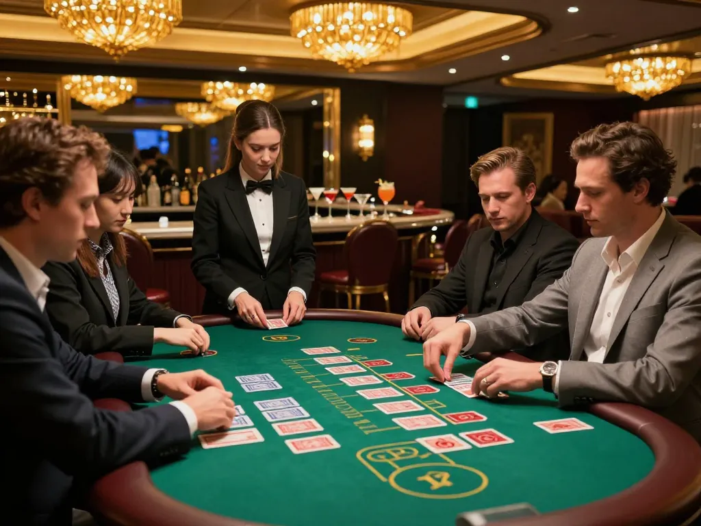 Players strategizing at the Baccarat table in an upscale casino setting, embodying the thrill of DA88 gameplay.