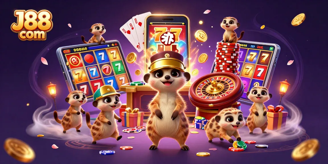 Enjoy thrilling gaming action at J88 com with meerkat dealers amidst vibrant slot games!