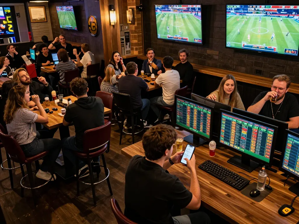 GA88 sports bet action in a lively bar setting with fans cheering and smartphone betting.