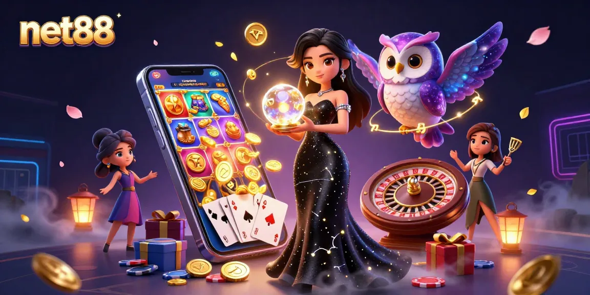 Engage with net88's vibrant illustrations showcasing a mystical woman and a galaxy-patterned owl in a lavish casino setting.
