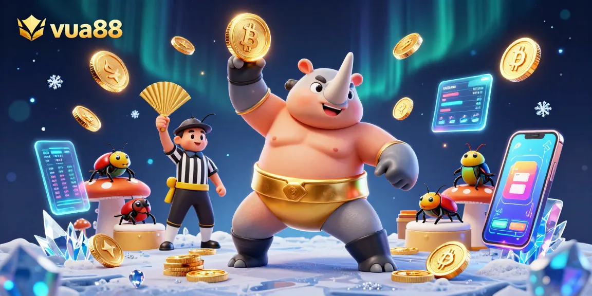 Vua88 showcases an epic crypto casino scene with a sumo beetle champion and vibrant Bitcoin elements.