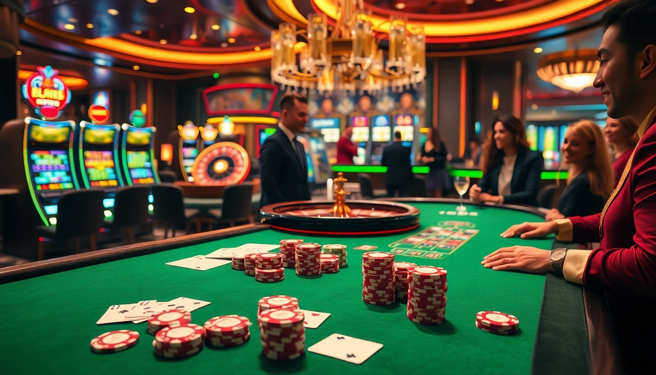 Experience the excitement of vb88 at a luxurious casino with vibrant gaming tables and slot machines.