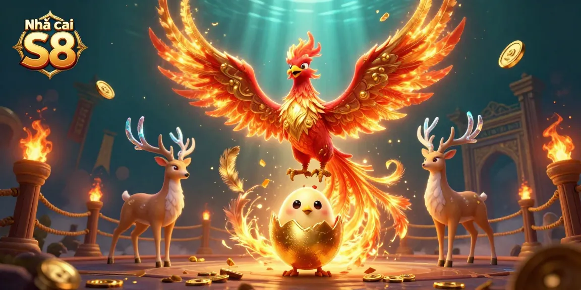 Engage with Nhà cái S8’s vibrant gaming promotion featuring a phoenix and stag in an exciting casino atmosphere.