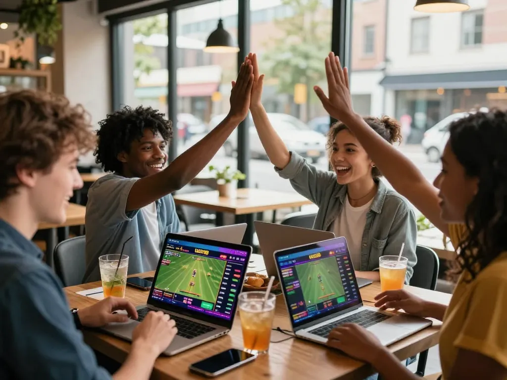 Friends celebrating a big win on the LUCKY88 platform at a cafe, showcasing vibrant online betting atmosphere.