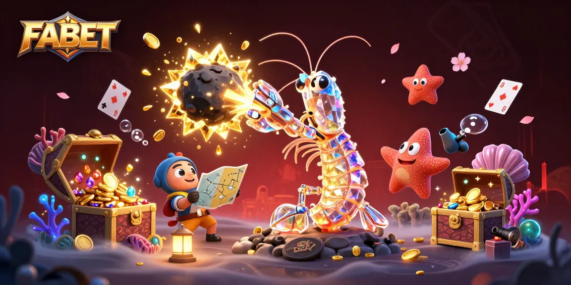 FABET showcases a dynamic scene with the mantis shrimp battling an asteroid, revealing vibrant casino elements.