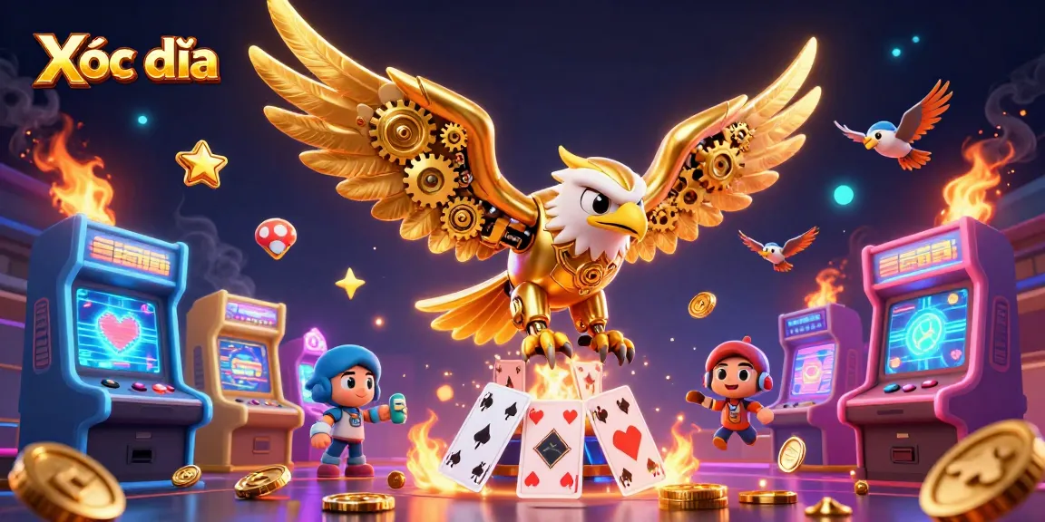 Xóc đĩa game illustrated with a cybernetic eagle amid colorful arcade machines and playing cards.