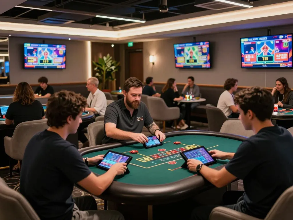 Players enjoying immersive live dealer games on KU88 from stylish gaming lounge, showcasing modern gambling culture