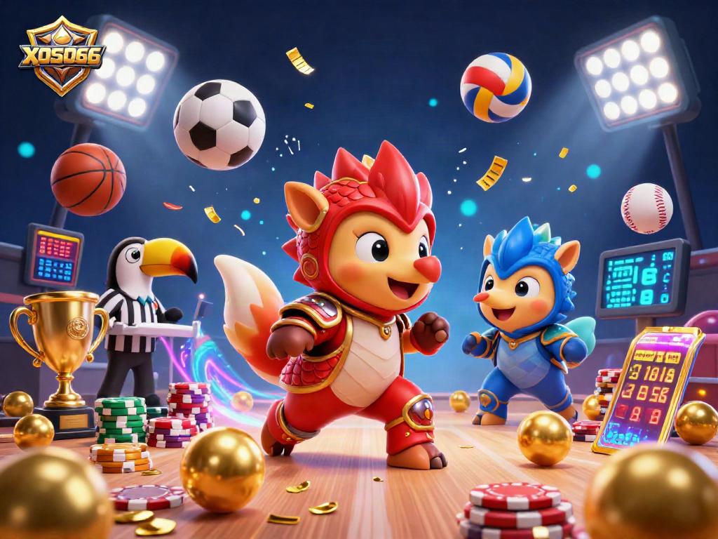 XOSO66 pangolins compete as they roll golden balls and poker chips in a vibrant 3D game arena.