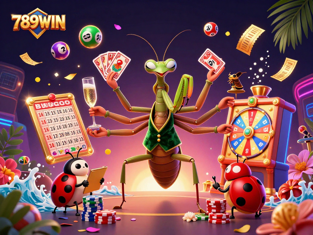 Experience the excitement of 789WIN with a vibrant casino illustration featuring animated characters and lottery elements.