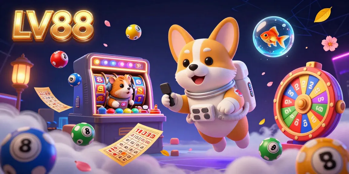 Experience the excitement of LV88 as the astronaut corgi floats in a zero-gravity casino filled with vibrant gaming elements.
