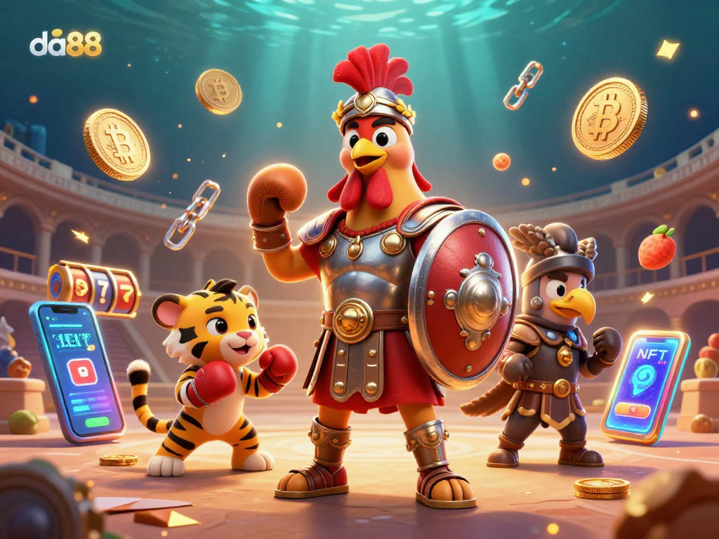 da88 showcases an epic casino scene with a gladiator rooster, crypto coins, and slot elements.