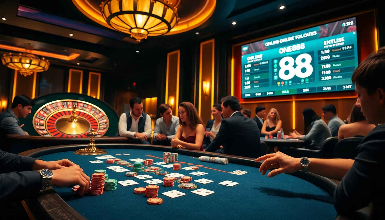 Engaged gamblers at a vibrant one88 casino table enjoying poker and roulette.