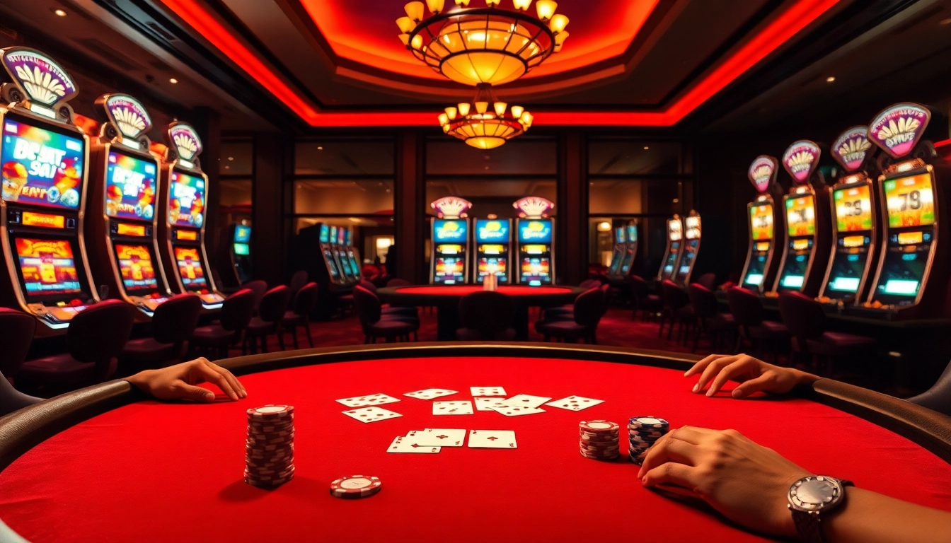 Experience high-stakes gaming at lu88 with vibrant poker tables and luxurious slot machines.