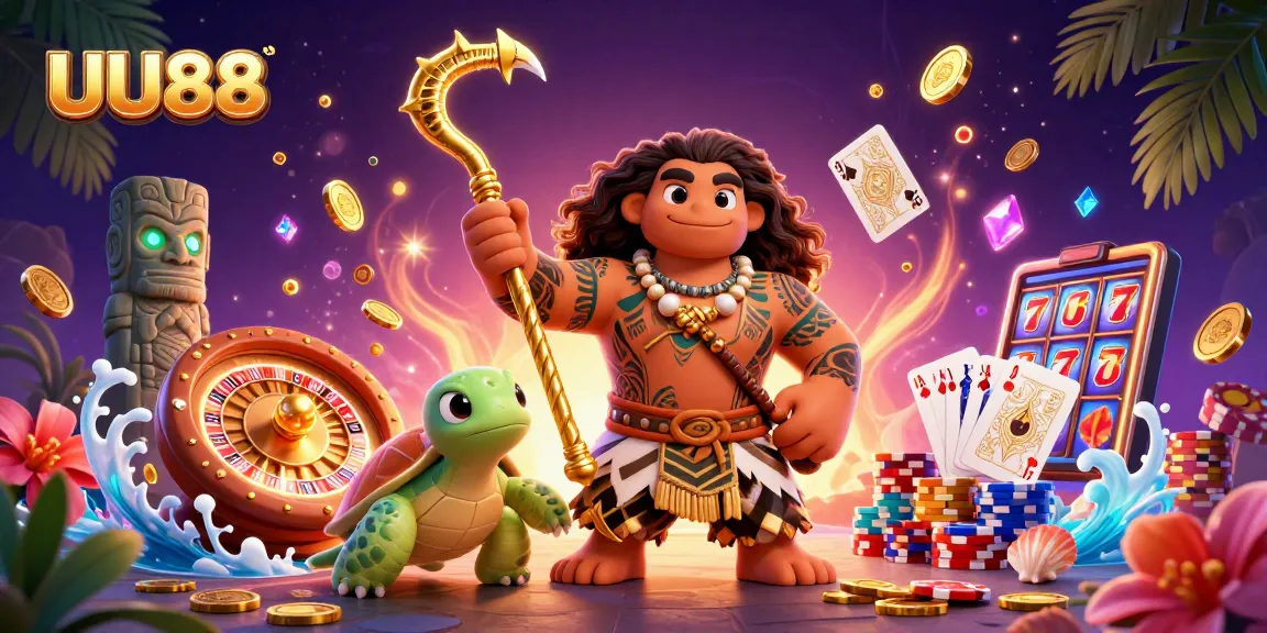 Experience the thrilling UU88 casino action with a vibrant 3D illustration of games, characters, and golden treasures.