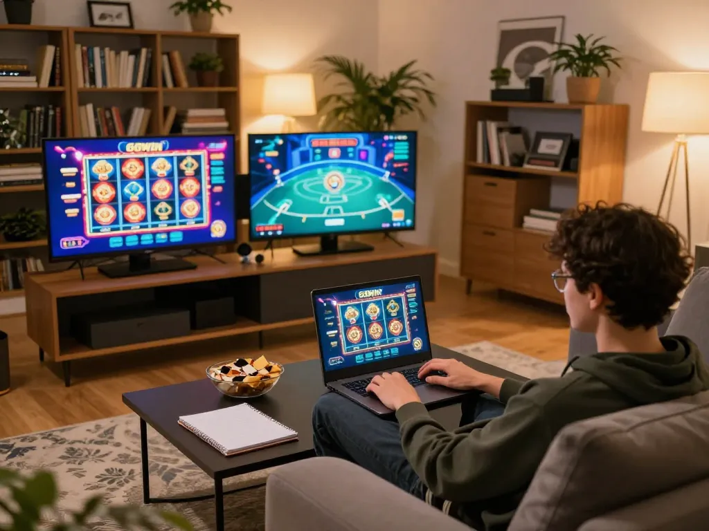Engaging with online games on 68win from a cozy living room setup, showcasing responsible gambling