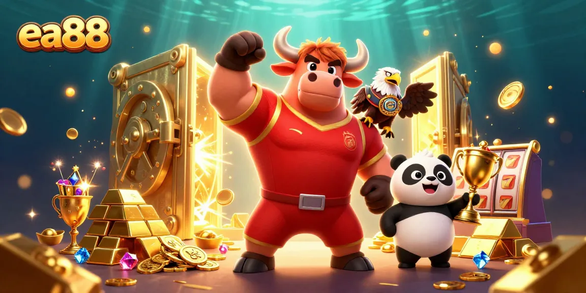 Celebrate your wins with ea88's vibrant casino illustration featuring a victorious bull mascot and friends.