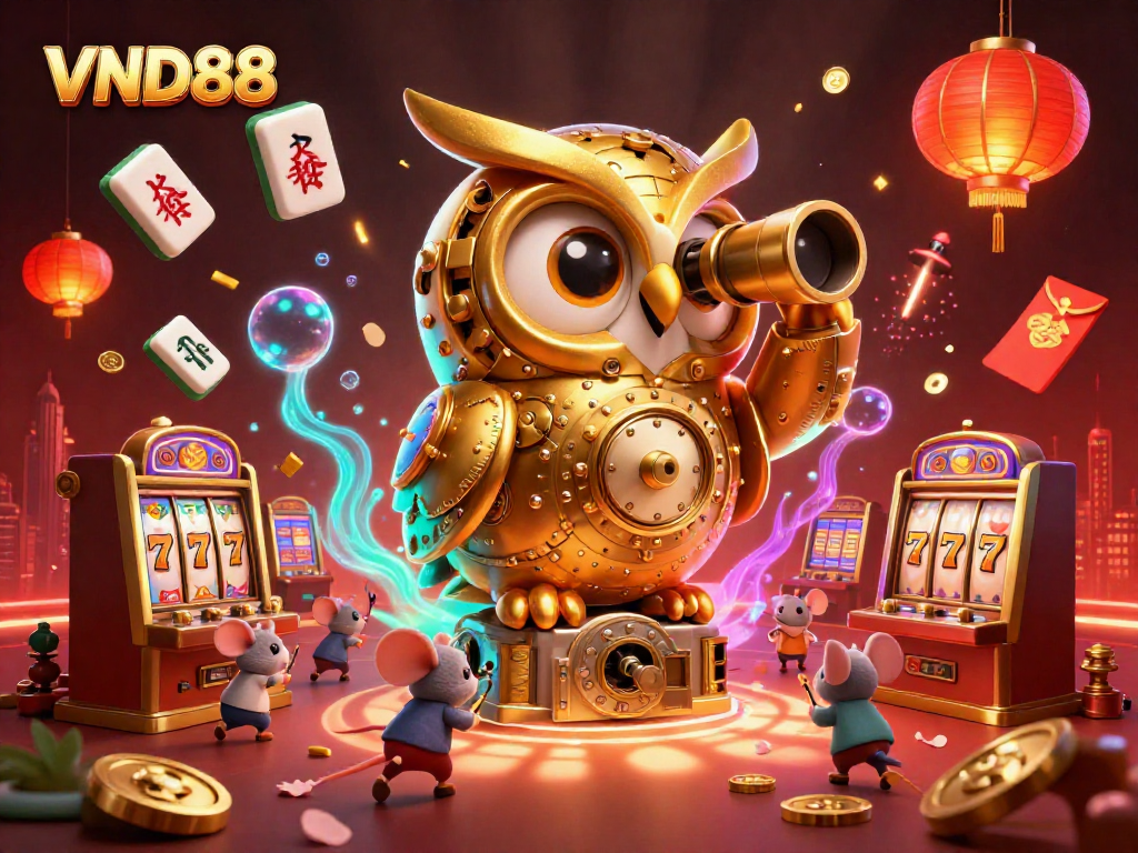 VND88 showcases an immersive casino experience with a vibrant scene featuring a golden owl and dynamic game elements.