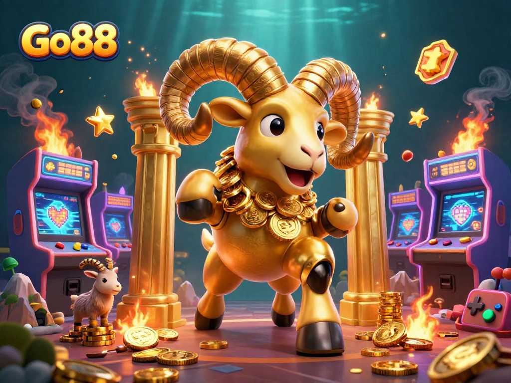 Go88 engages players with a vibrant casino scene featuring a golden ram and colorful game elements.