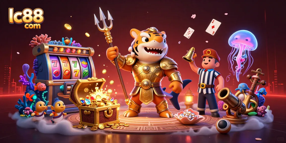 Unleash thrilling jackpots at lc88 com with an underwater casino scene featuring a tiger shark and playful elements.