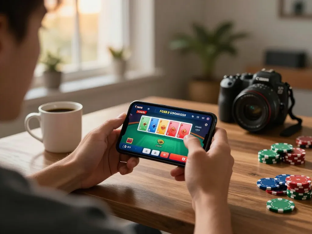 Player enjoying FO88 mobile casino game on smartphone in cozy home setting, emphasizing responsible gaming.