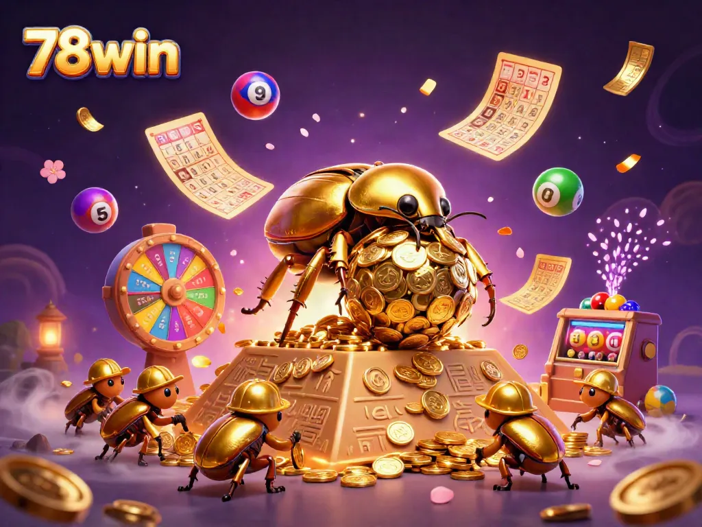 Experience thrilling play at 78win with dynamic characters rolling golden coins and colorful lottery elements