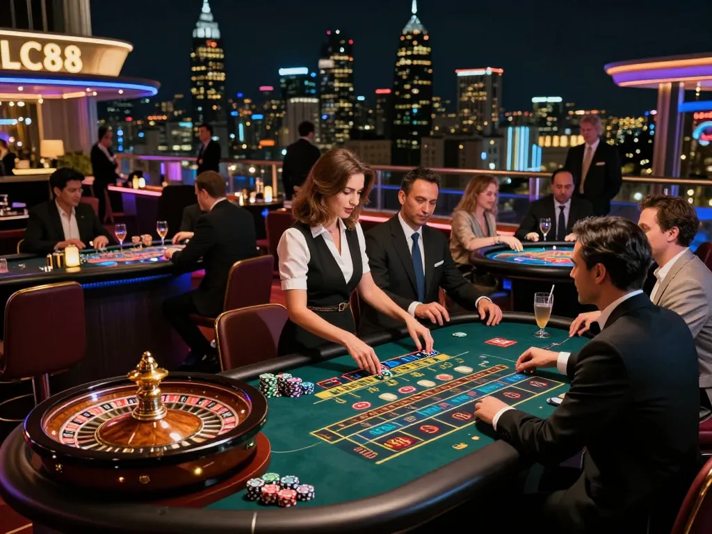 LC88 players enjoy thrilling roulette action at a luxurious casino with vibrant lighting and excitement.
