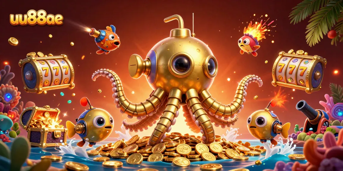 Win big at uu88ae with a golden kraken submarine amidst coins and lively casino elements