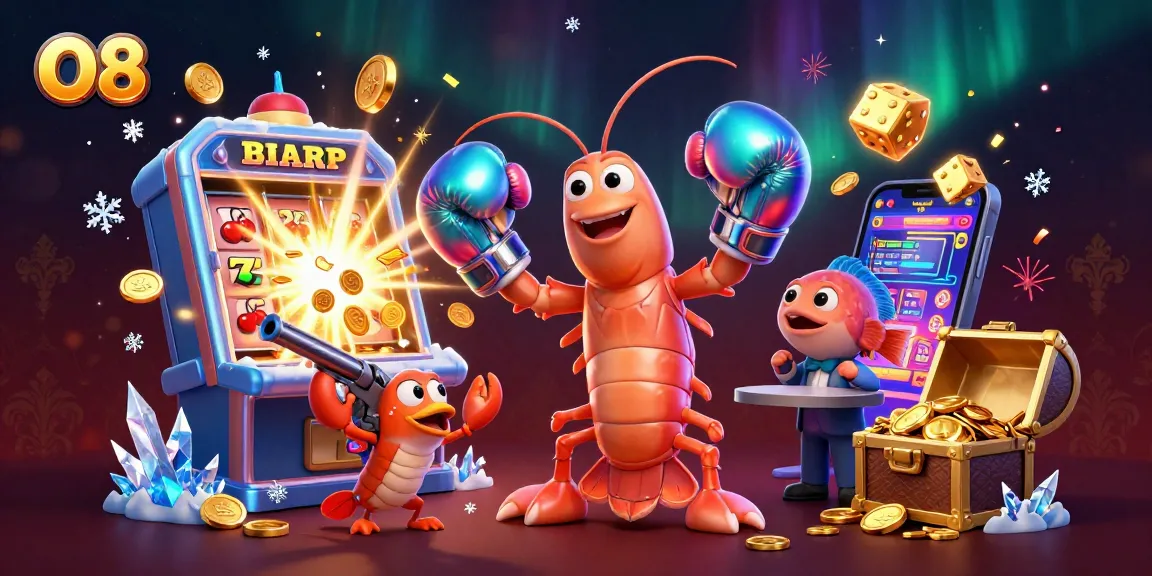 Experience thrilling jackpots with O8's vibrant 3D casino scene featuring dynamic slot machines and lively characters.