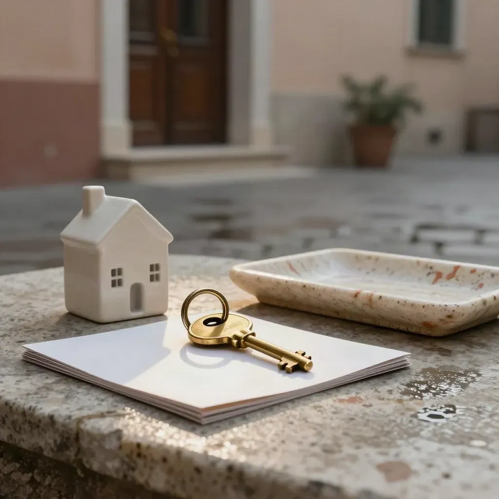 Chiavi d’appartamento su travertino bagnato in un cortile silenzioso, luce mattutina drammatica.