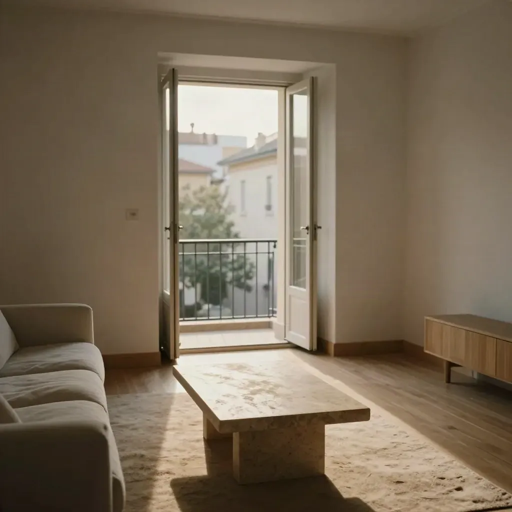 Salotto luminoso con balcone aperto, divano in lino e tavolino in pietra.