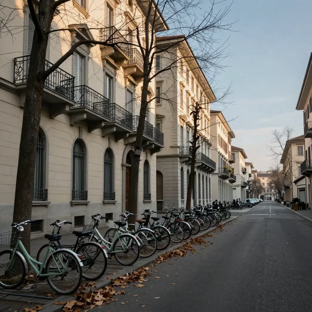Facciate eleganti a Torino Crocetta con bici e foglie mosse dal vento invernale.