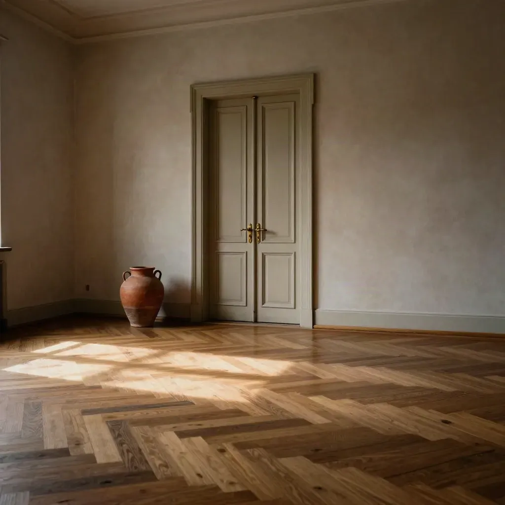 Salone d’epoca vuoto con pavimento a spina di pesce e luce solare diagonale.