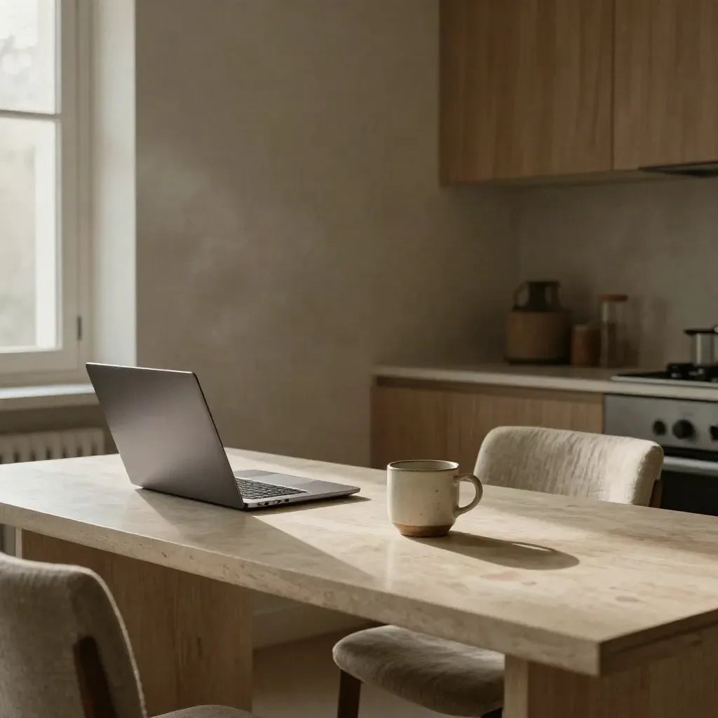 Cucina luminosa con laptop chiuso, tazza in ceramica e sedia in lino, atmosfera calma.