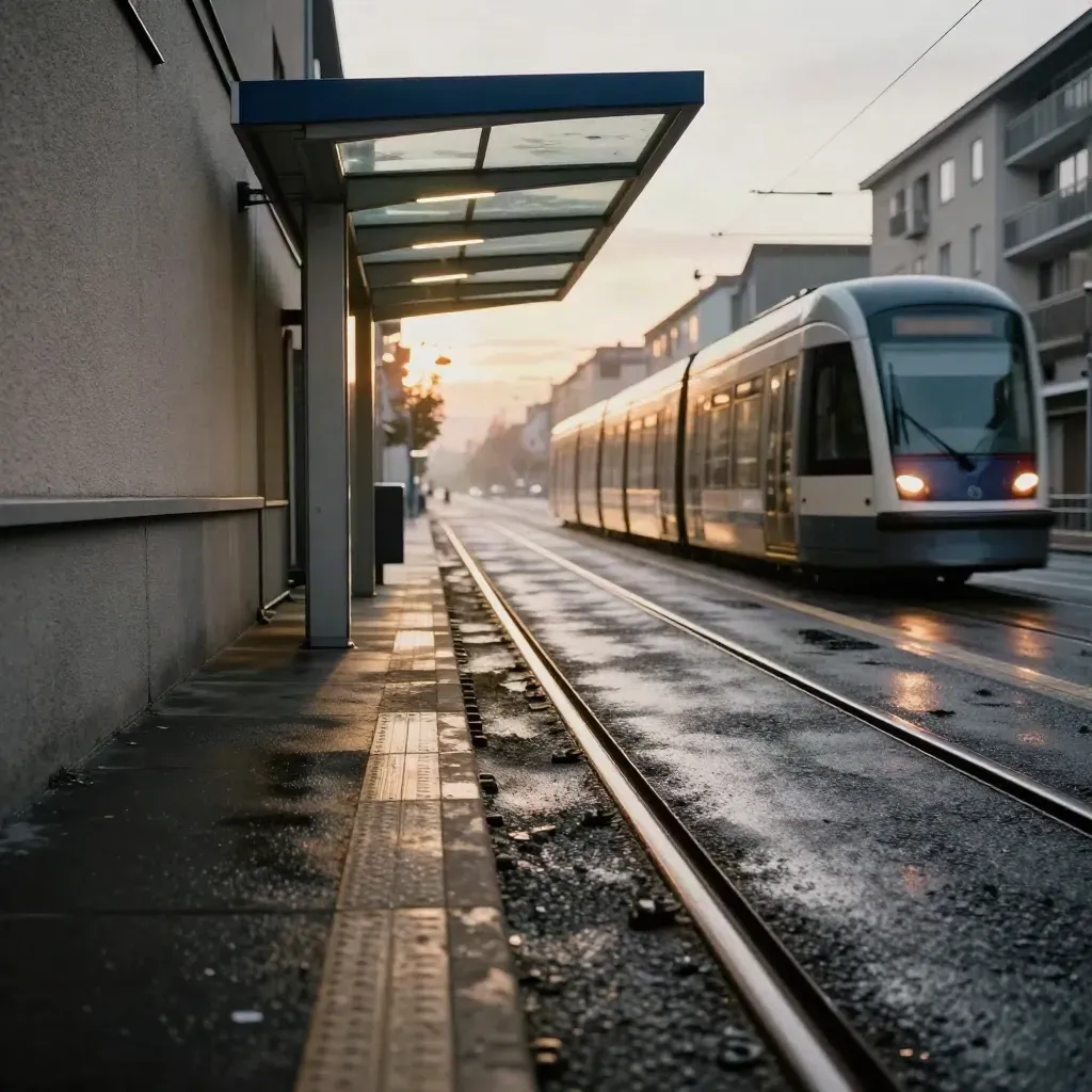 Fermata del tram bagnata con binari in diagonale e un tram sfocato in corsa.